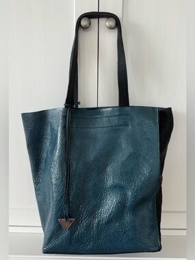 John Fluevog Two Tone Leather Tote with Logo Bag Charm